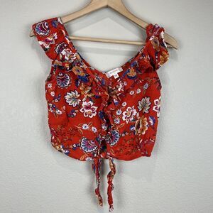 Altered State Crop Top‎ Women Small Red Ruffle Floral Sleeveless